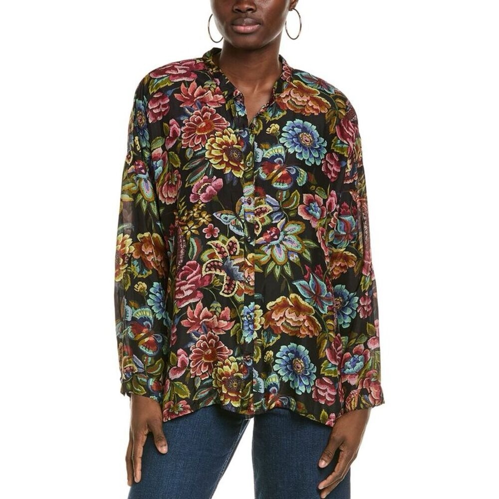 Jonny Was 100% Silk Floral Button-Front Women’s Blouse - Black Multi